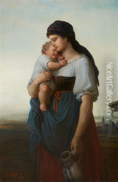 A Mother And Child By A Well Oil Painting - Theodor Koeppen