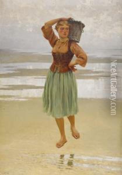 Ostronplockerska Pa Stranden Oil Painting - August Wilhelm Nikolaus Hagborg