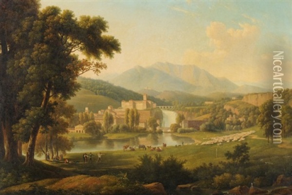 Ansicht Der Isola Del Liri Mit Dem Castello Boncompagni-viscogliosi Und Dem Wasserfall Oil Painting - Alexandre Hyacinthe Dunouy