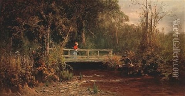 Fishing From The Bridge, Lagunitas Creek Oil Painting - Thomas Hill