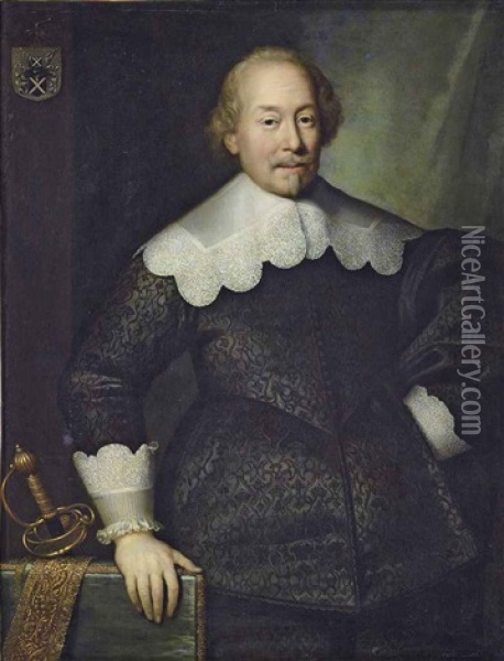 Portrait Of A Member Of The Hoeufft Family, Possibly Arnold Hoeufft, Of Cologne, In A Black Doublet With Lace-edged Collar And Cuffs, His Right Hand On A Table With His Sword Oil Painting - Cornelis Jonson Van Ceulen
