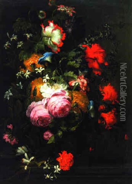 Flowers In An Urn On A Ledge Oil Painting - Jean-Baptiste Monnoyer