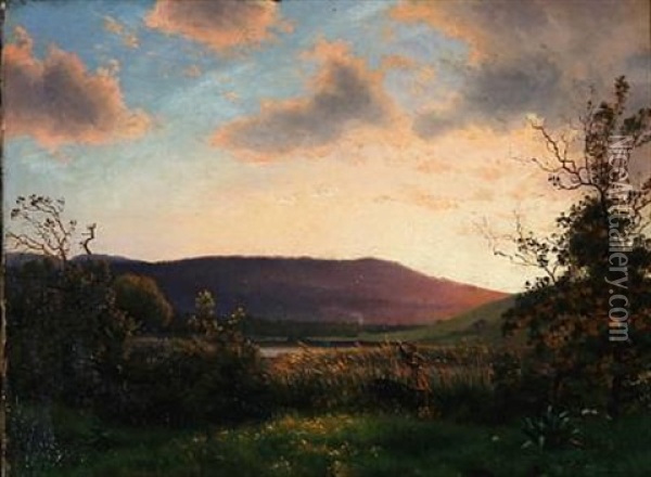 Lake Scene At Sunset Oil Painting - Vilhelm Peter Karl Kyhn