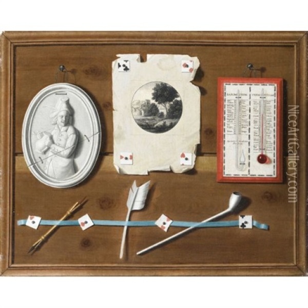 Trompe L'oeil With A Pen, Feather, Pipe, A Barometer And Thermometer, And A Drawing Tacked To A Board Within A Painted Frame Oil Painting - Jean Valette-Falgores Penot