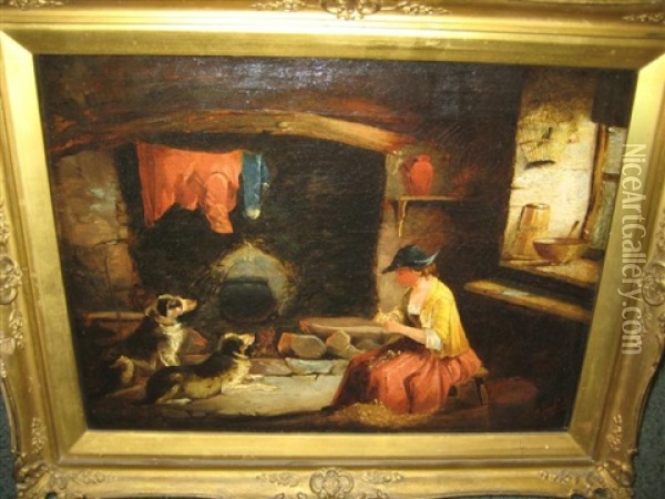 Interior Hearth Scene With Seated Woman Near Two Resting Dogs Oil Painting - Edward Armfield