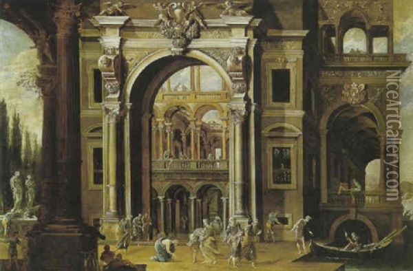 Fantasia Architettonica Con Cristo E L'adultera Oil Painting - Niccolo Codazzi
