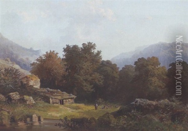 Ziegenhirte Mit Herde In Bergiger Baumlandschaft Oil Painting - Franz Xaver Von Hofstetten