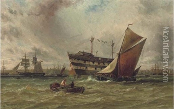 A Fishing Boat Sailing To Leeward Of An Anchored Hulk On The Medway Oil Painting - George Gregory