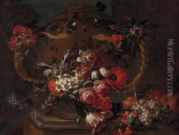 Groses Blumen- Und Fruchtestillleben Oil Painting - Jean-Baptiste Monnoyer