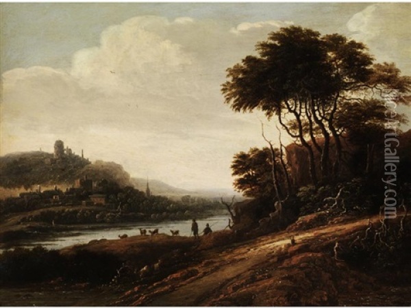 Landschaft Mit Waldrand Am Fluss Und Stadt Mit Burgberg Am Gegenuberliegenden Ufer Oil Painting - Adrien Bloemaert