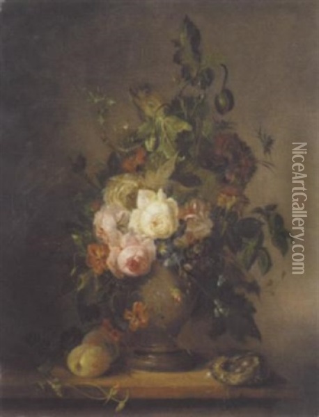 Roses, Tulips And Other Flowers In A Vase With Plums And A Bird's Nest On A Wooden Ledge Oil Painting - Francois Joseph Huygens