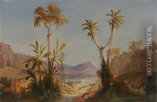 Blick Durch Palmen Auf Eine Am Meer Gelegene Orientalische Stadt Oil Painting - Alexius Geyer