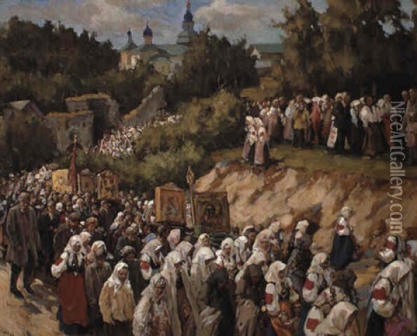 Church Procession At The Pskov Pechersky Monastery 'of The Caves' Oil Painting - Nikolai Vasilievich Kharitonov