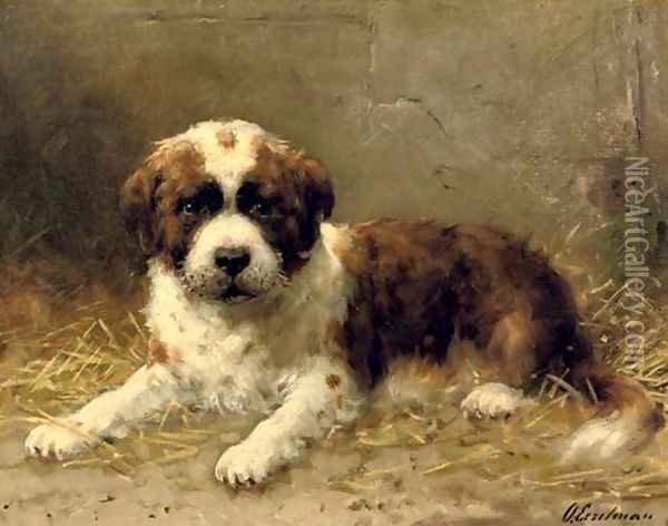 A St. Bernard pup Oil Painting - Otto Eerelman