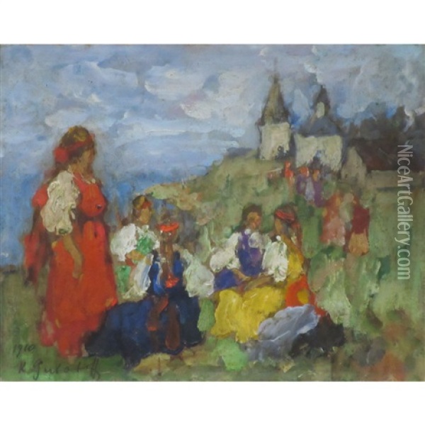 Maidens On A Hillside Oil Painting - Konstantin Ivanovich Gorbatov