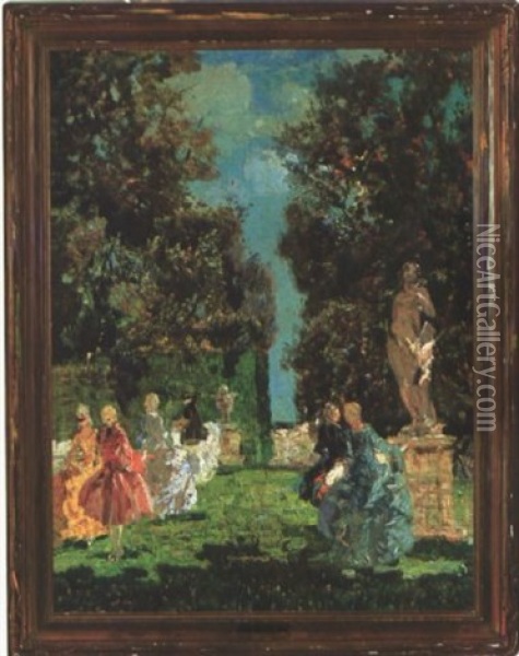 Elegant People In An Italian Garden Oil Painting - Emma Ciardi