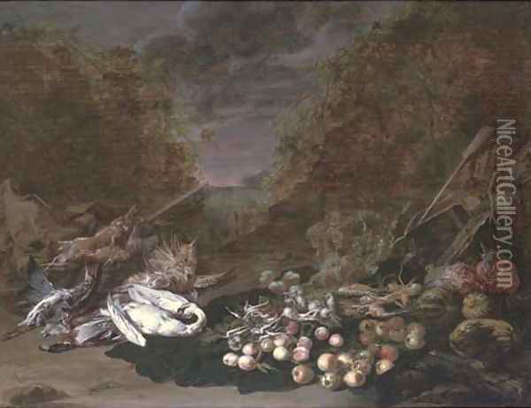 A swan, a mallard, a bittern, rabbits and fruits and vegetables, a landscape beyond Oil Painting - Jan van Kessel