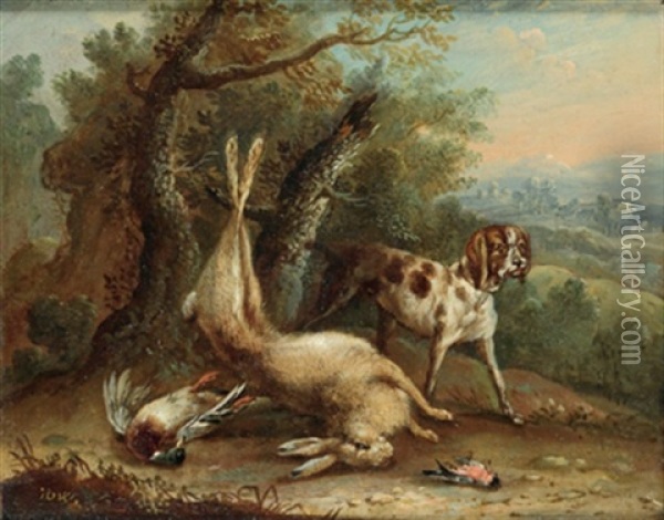 Jagdbeute, Bewacht Von Einem Hund In Einer Landschaft Oil Painting - Adriaen de Gryef