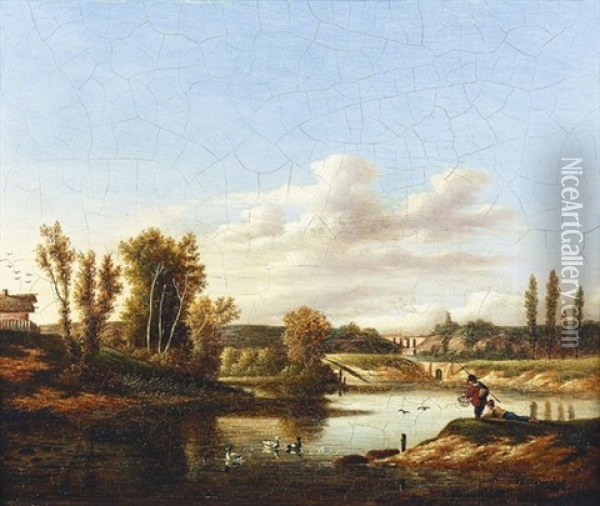 Landschaft Mit Zwei Anglern An Einem Teich Oil Painting - Lazare (Eleazard) Bruandet