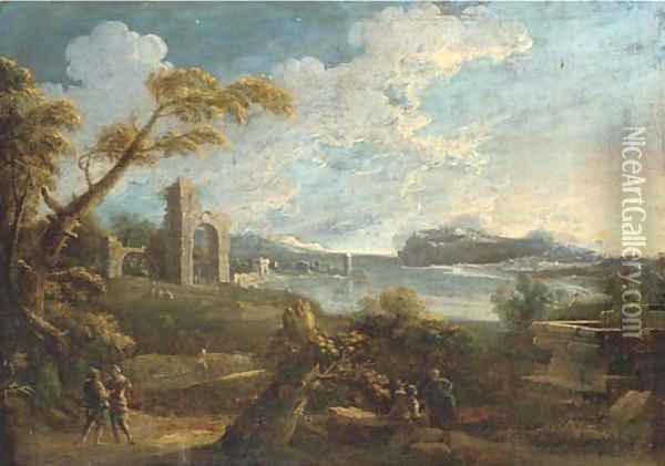 An Italianate landscape with figures on a track and classical ruins beyond Oil Painting - Antonio Carlo Tavella, Il Solfarola