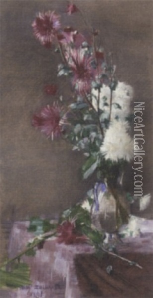 Chrysanthemums In A Glass Vase On A Table Oil Painting - Jenny Zillhardt