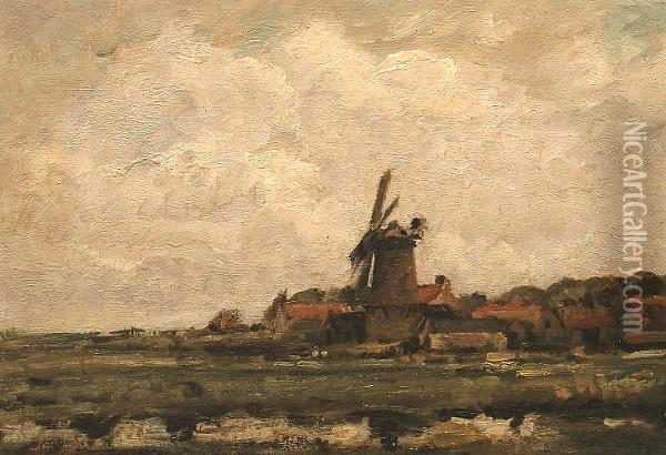 'a Open Landscape With A Windmill'. Oil Painting - Jacob Henricus Maris