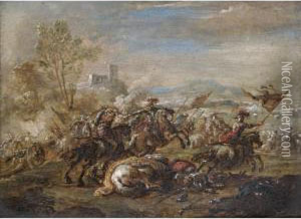 A Battlescene With Cavalry Skirmishing Beside A Cannon Oil Painting - Ciccio Graziani