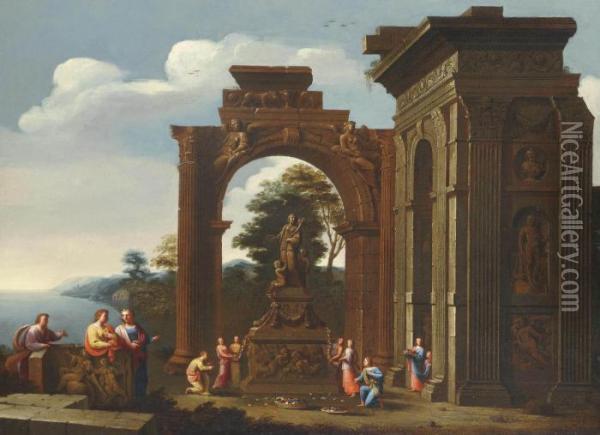 A Capriccio Of Roman Ruins With Classical Figures Adorning A Shrine To Ceres Oil Painting - Giovanni Ghisolfi