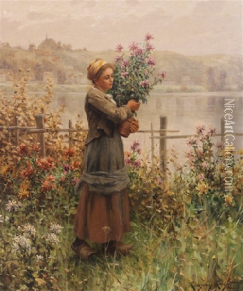 Woman With Flowers Oil Painting - Daniel Ridgway Knight