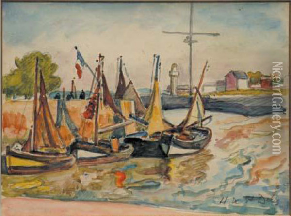 Cinq Barques A Maree Basse Oil Painting - Henri Lienard De Saint-Delis