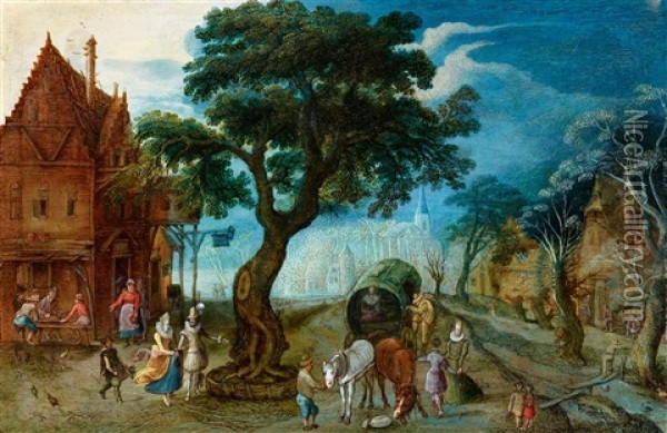 Village Landscape With Courtly Travellers Oil Painting - Christoffel van den Berge