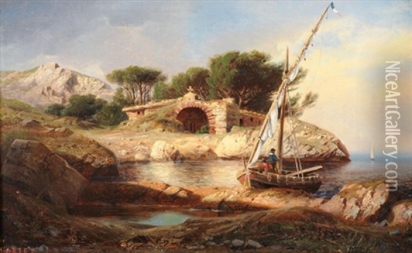 Boot An Der Kuste Mit Kleiner Kapelle Oil Painting - Charles-Louis Lortet