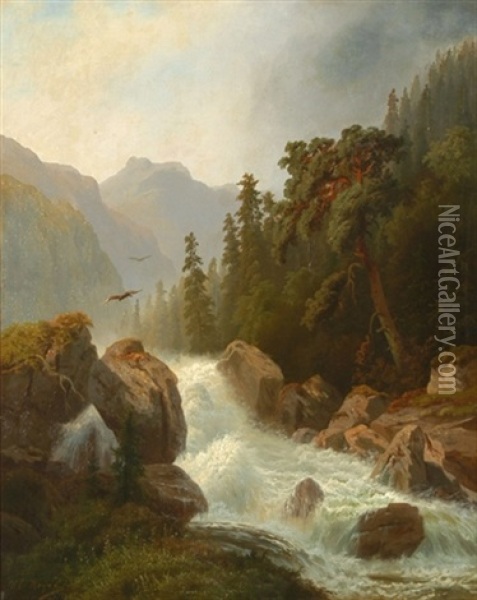 Gebirgslandschaft Mit Wildbach Und Raubvogeln Oil Painting - Heinrich Eduard Heyn