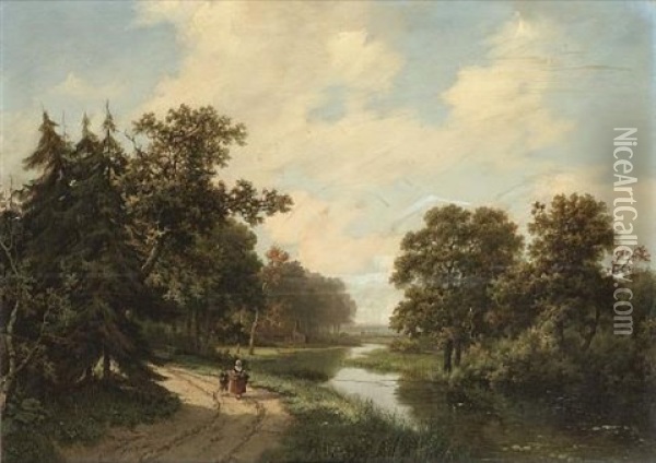 Figures On A Track In A Wooded River Landscape Oil Painting - Marinus Adrianus Koekkoek