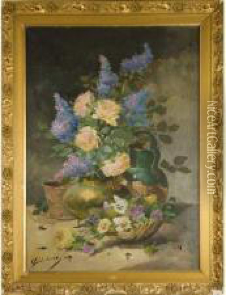 Fleurs Aux Pichet De Cuivre Et 
Crucheen Terre Vernissee. Huile Sur Toile Signee En Bas A Gauche. 91cm 
X64cm Oil Painting - Emile Godchaux