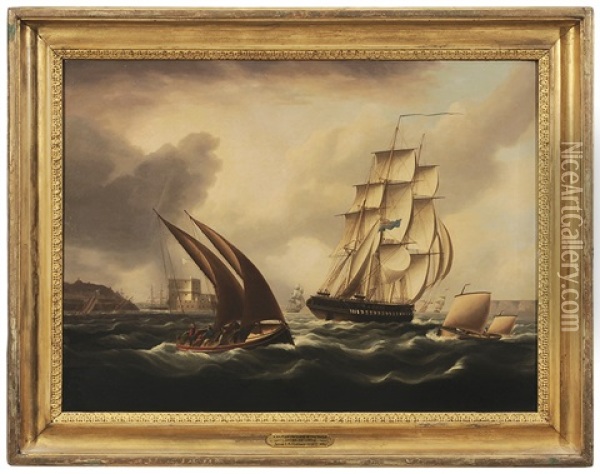 A British Frigate In The Tagus Off Belem Castle Oil Painting - James Edward Buttersworth