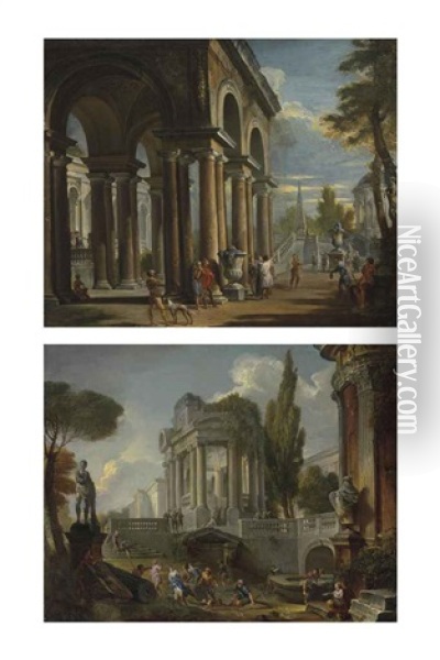 Capriccio Of A Classical Loggia And Capriccio Of Palaces With Giochi D'acqua (pair) Oil Painting - Giovanni Paolo Panini