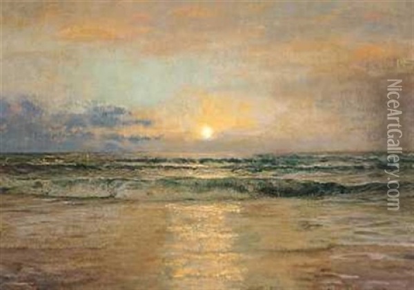 Solnedgang Over Skagen Strand Oil Painting - Holger Henrik Herholdt Drachmann