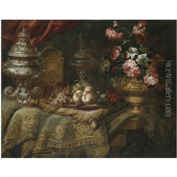 An Elaborate Still Life With Peaches, Grapes, Flowers In A Bronze Urn, A Fine Silver Tureen, All Arranged On A Table Draped With An Embroidered Carpet And Cushion Oil Painting - Jacques Hupin