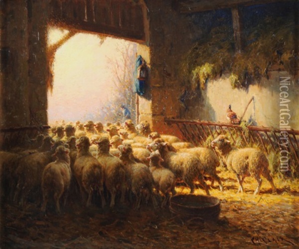 Hirte Und Schafherde Im Stall Oil Painting - Charles H. Clair