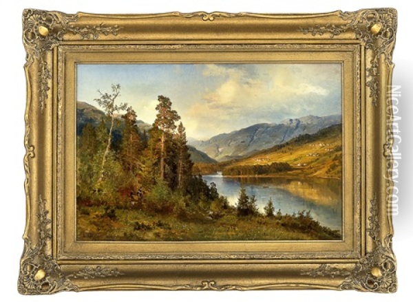 Elvelandskap Med Folkeliv Oil Painting - Anders Monsen Askevold