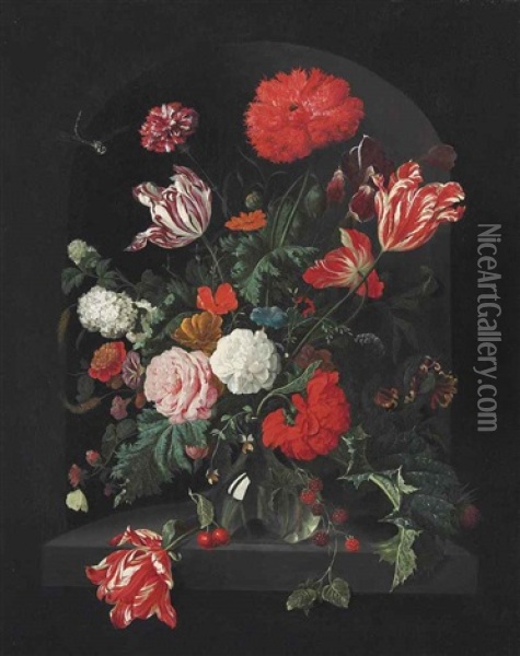 Roses, Parrot Tulips, Carnations, A Sprig Of Wild Blackberries, Convolvulus, Snowballs And Other Flowers In A Glass Vase, In A Sculpted Niche... Oil Painting - Jan Davidsz De Heem