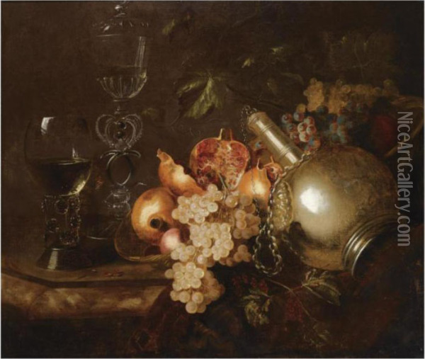 A Still Life Of Pomegranates, 
Grapes, A Silver Vessel, A Roemer Anda Venetian Glass On A Marble Table 
Draped With A Cloth Oil Painting - Barend or Bernardus van der Meer