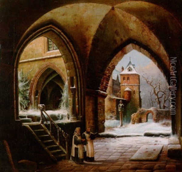 Blick In Den Kreuzgang Eines Klosters Mit Zwei Monchen Oil Painting - Wilhelm Steuerwald