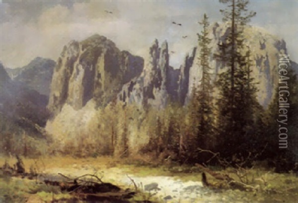 Base Of Cathedral Rocks, Yosemite Oil Painting - Hermann Herzog