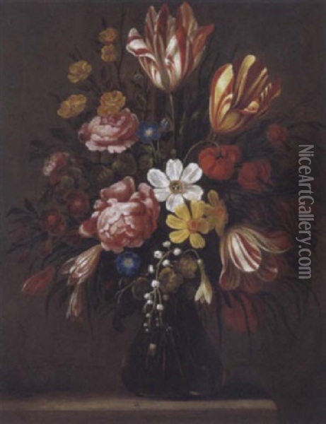 Ein Blumenstraus Mit Tulpen, Rosen, Narzissen, Lilien, Schneeglockchen Oil Painting - Jeremias Falck