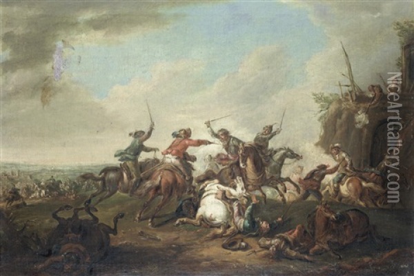 A Cavalry Skirmish; And A Cavalry Skirmish With Figures Firing From The Rooftop (pair) Oil Painting - August Querfurt