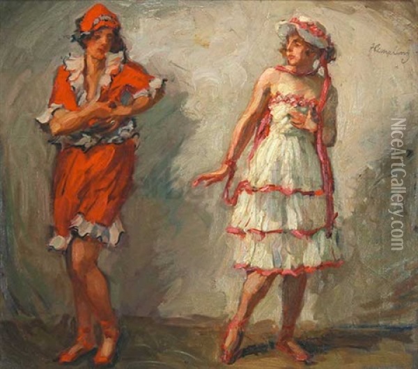 Zwei Sommerlich Gekleidete Junge Frauen Oil Painting - Wilhelm Hempfing