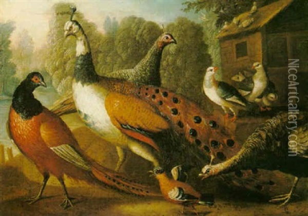 Ornamental Fowl In A River Landscape Oil Painting - Marmaduke Cradock