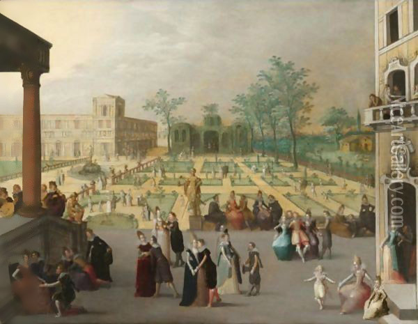 A Palace Garden With Elegant Couples Dancing Oil Painting - Louis de Caullery